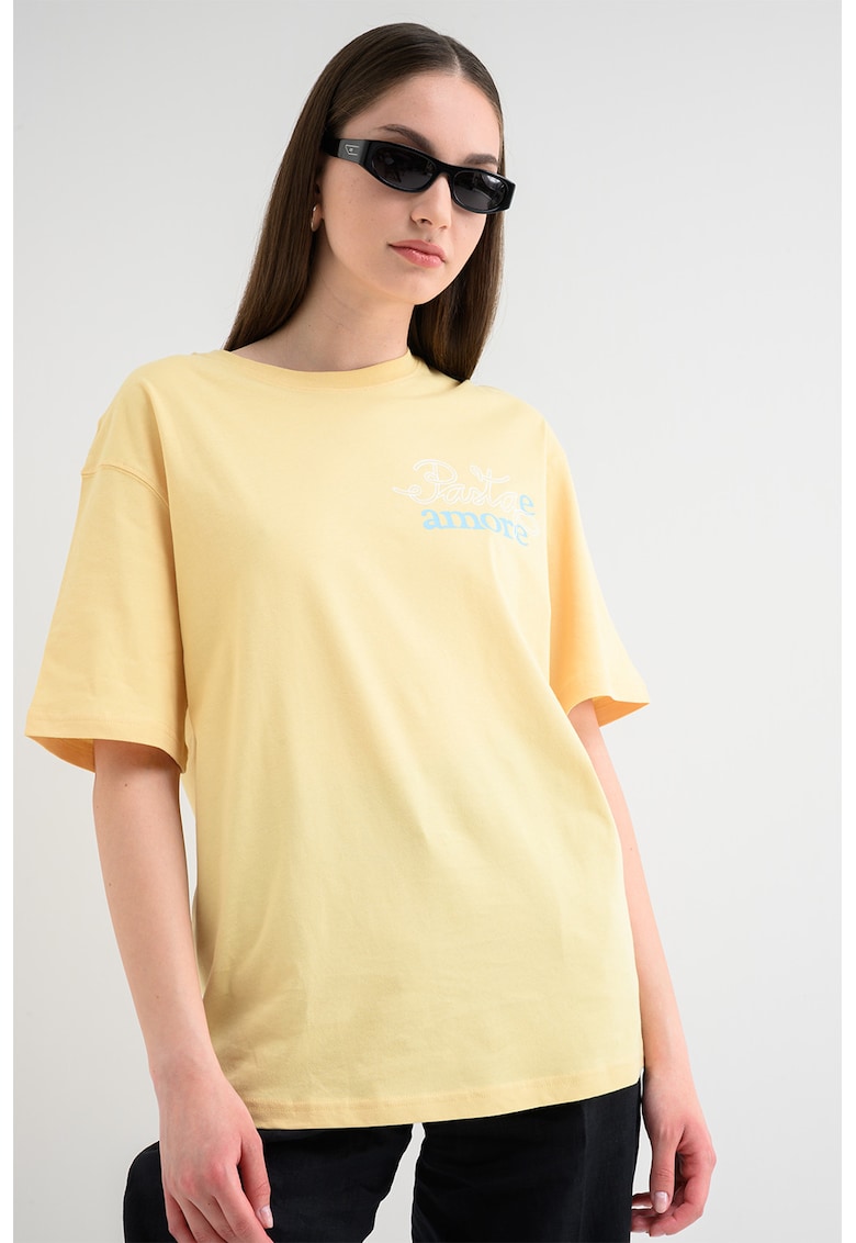 Tricou supradimensionat cu imprimeu - Galben pai/Albastru deschis