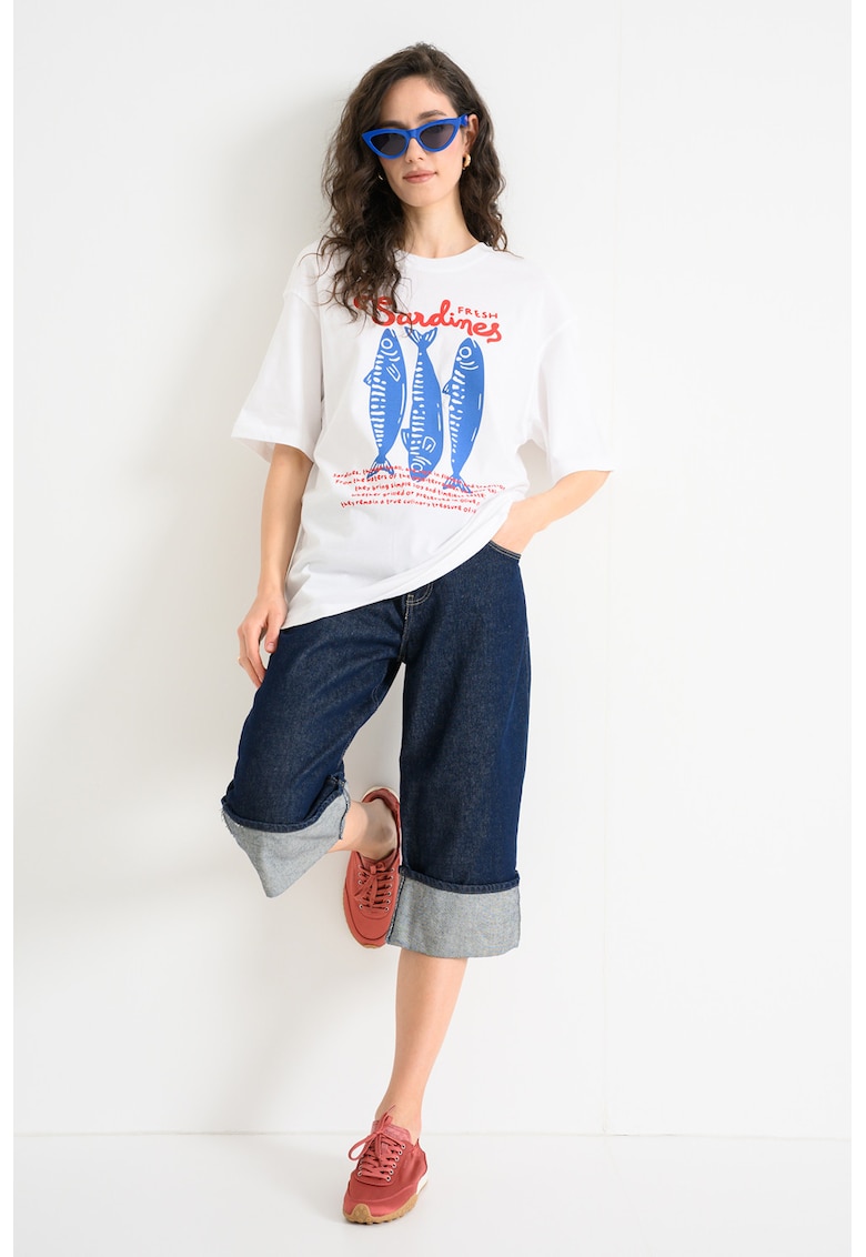 Tricou supradimensionat cu imprimeu - Alb optic/Rosu vermillion