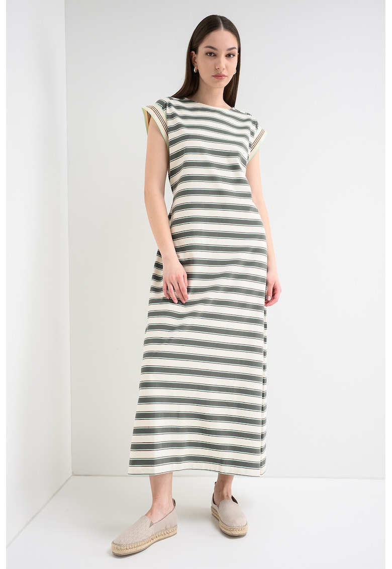 Rochie cu model in dungi si snur de ajustare in talie - Verde feriga/Crem/Verde fistic
