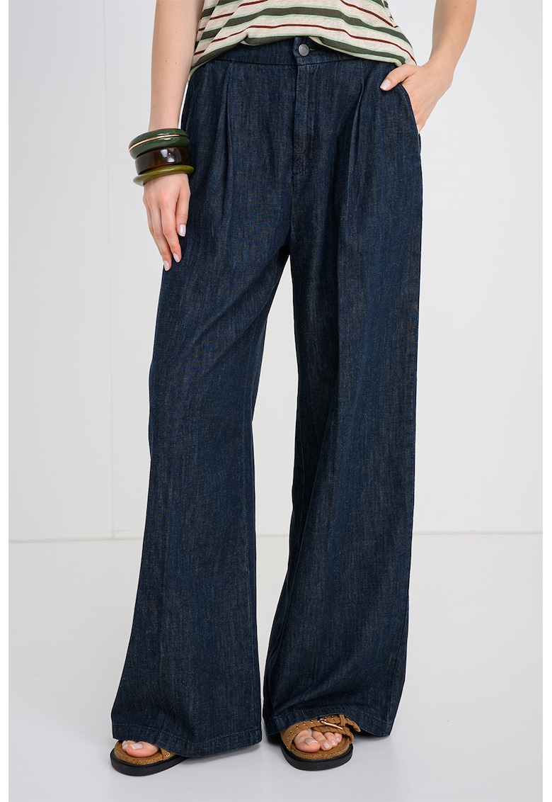 Pantaloni cu croiala ampla din material chambray cu buzunare oblice - Albastru inchis melange