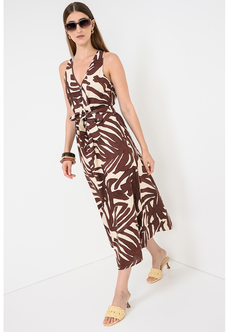 Rochie din in cu imprimeu grafic - Maro/Bej