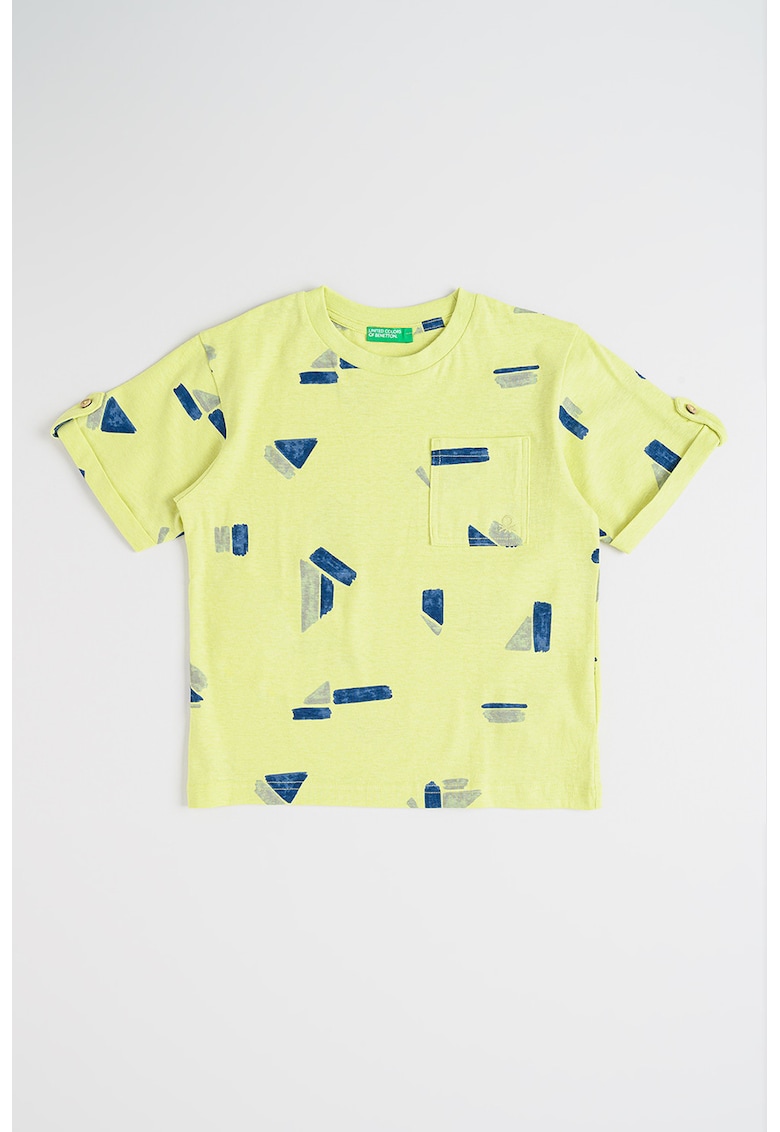 Tricou din amestec de in cu model - Albastru inchis/Verde lime