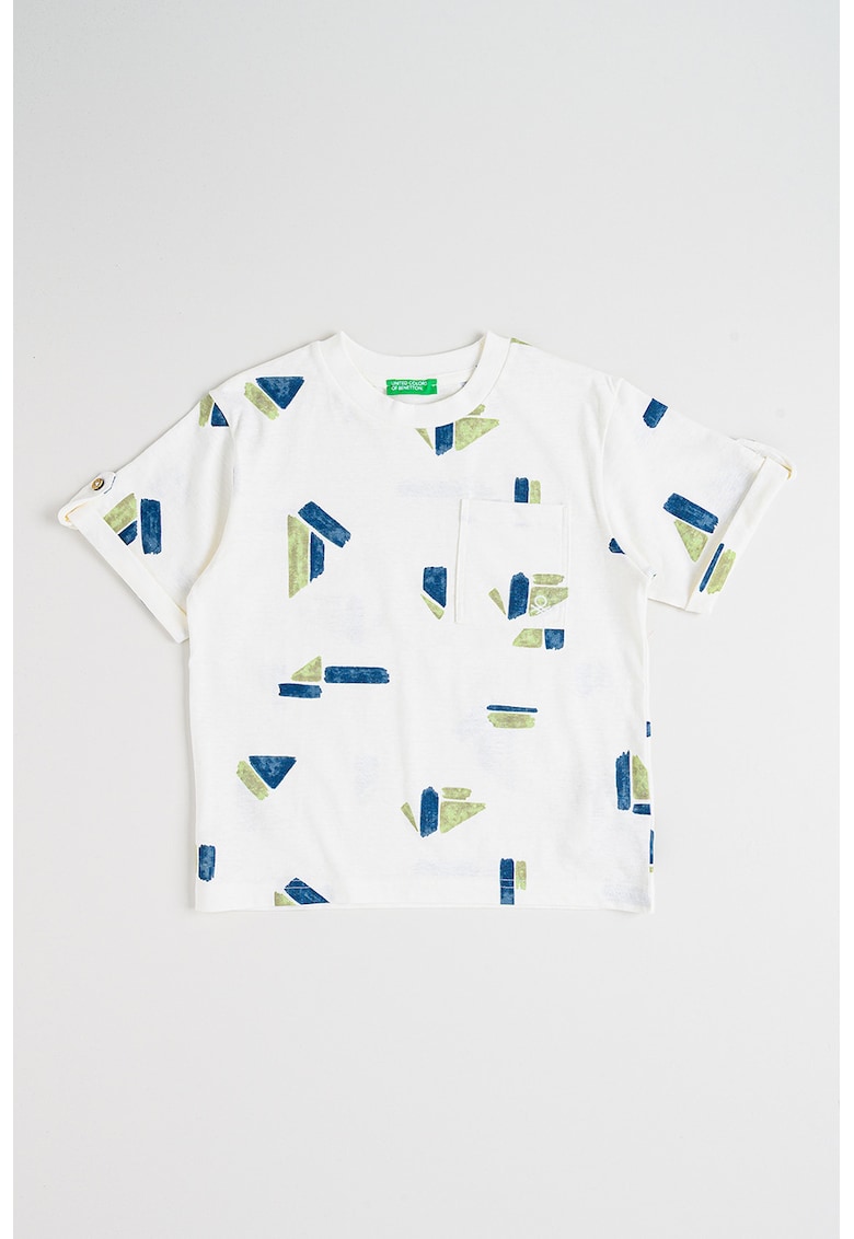 Tricou din amestec de in cu model - Albastru inchis/Verde sparanghel/Alb murdar