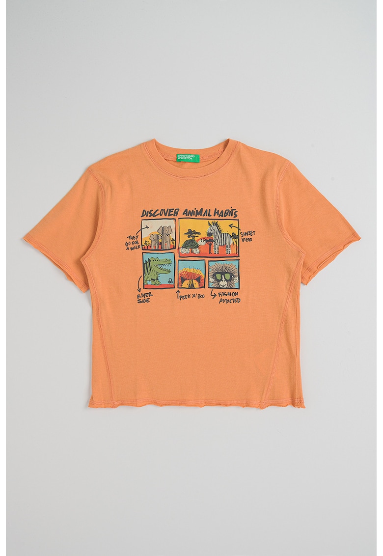 Tricou din bumbac cu imprimeu si decolteu la baza gatului - Portocaliu stins