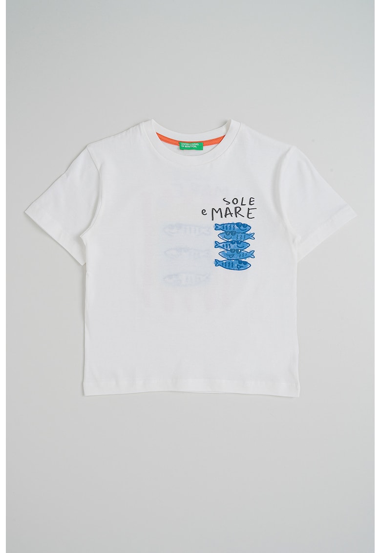 Tricou cu detalii brodate si imprimeu - Alb/Albastru