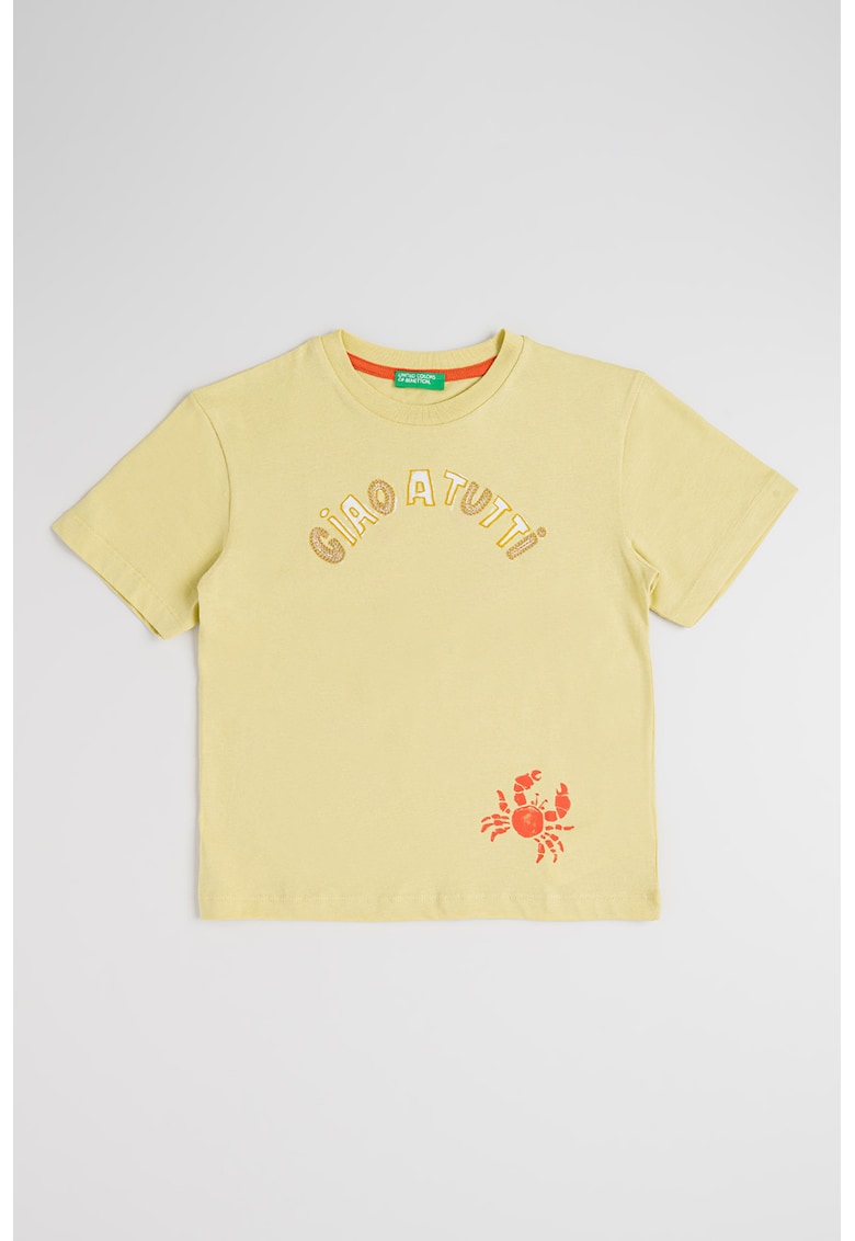 Tricou cu detalii brodate si imprimeu - Galben deschis