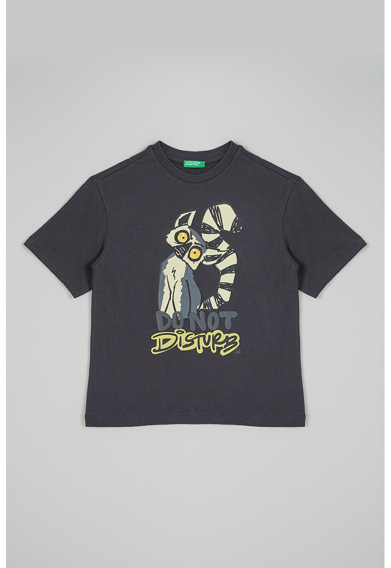 Tricou cu decolteu la baza gatului si imprimeu - Gri antracit