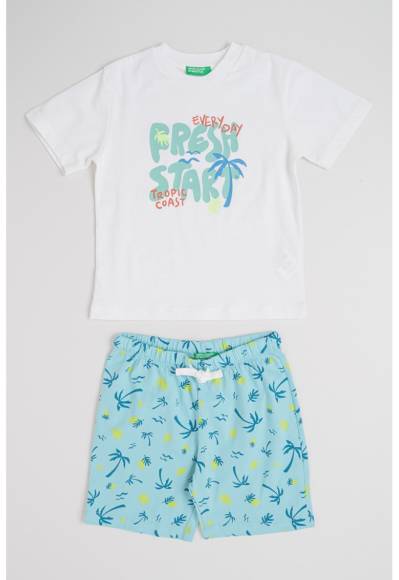 Set de tricou si pantaloni scurti cu imprimeu grafic - 2 piese - Alb/Turcoaz