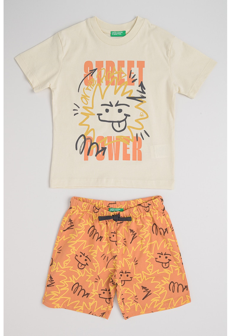 Set de tricou si pantaloni scurti cu imprimeu grafic - 2 piese - Portocaliu/Crem