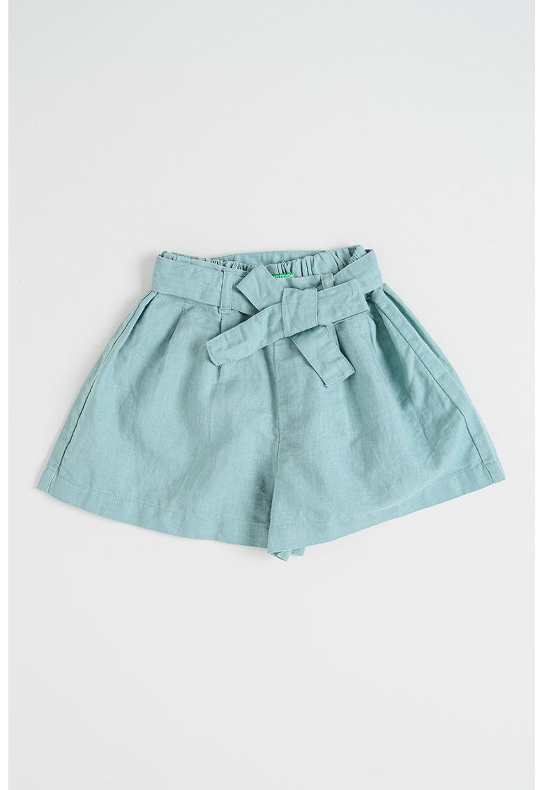 Pantaloi scurti din amestec de in cu croiala lejera si cordon in talie - Verde deschis