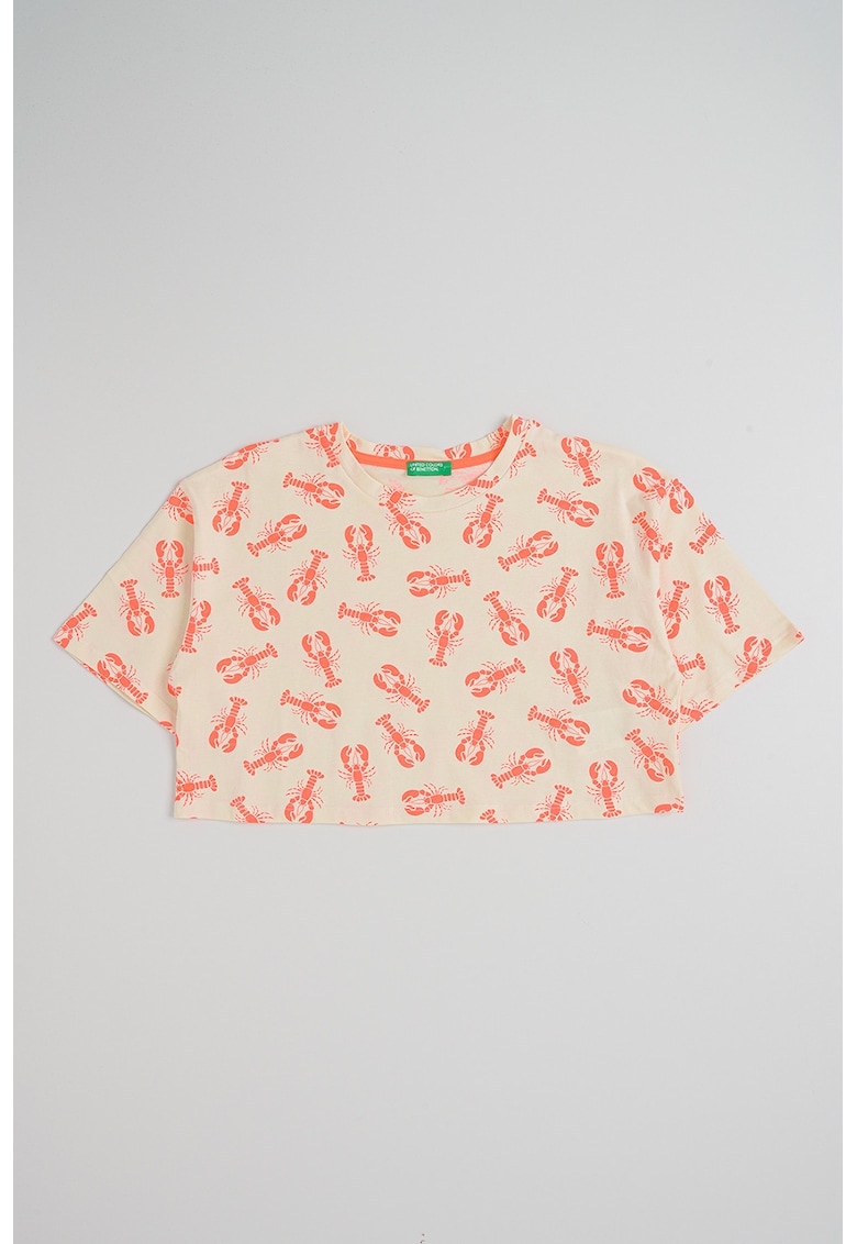 Tricou crop cu imprimeu grafic - Portocaliu neon/Bej deschis