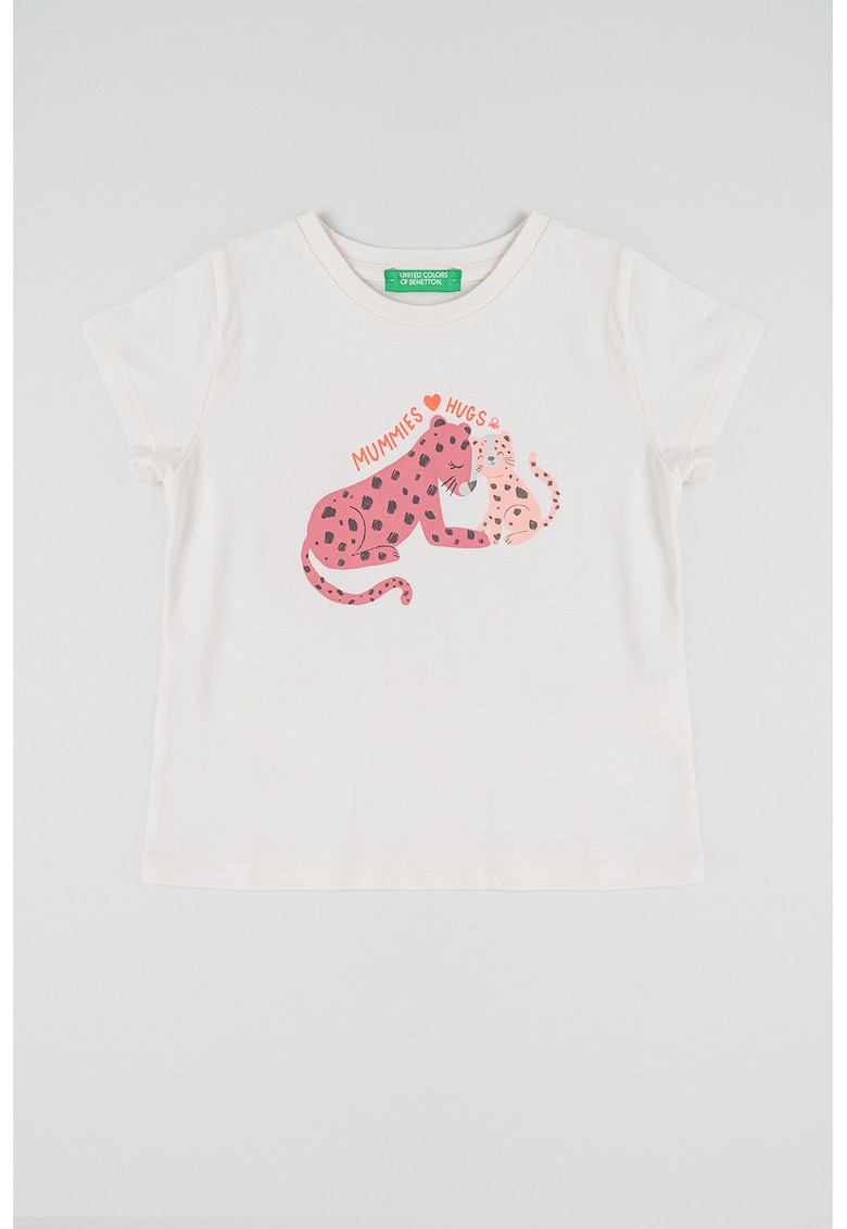 Tricou cu decolteu la baza gatului si model grafic - Roz/Crem