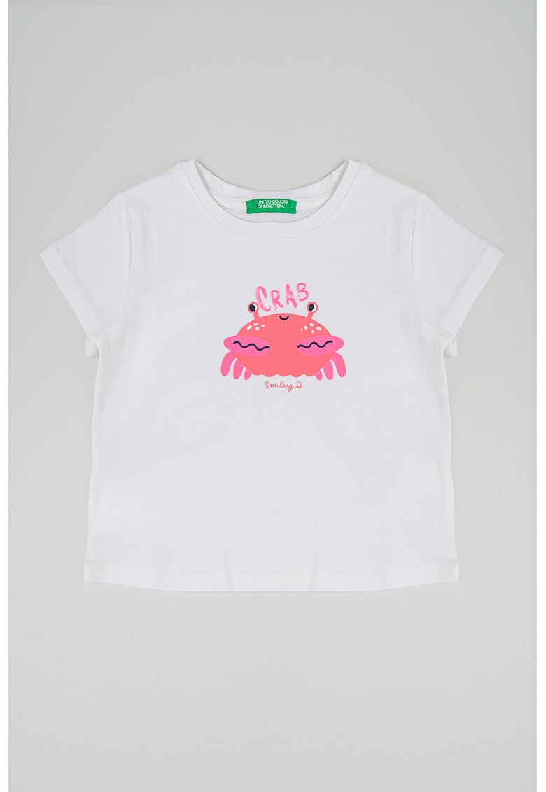 Tricou cu decolteu la baza gatului si model grafic - Alb