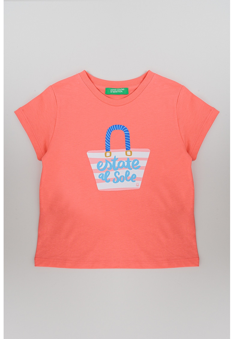 Tricou cu decolteu la baza gatului si model grafic - Roz somon