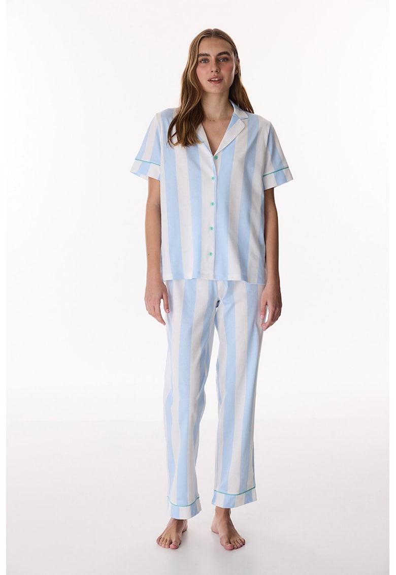 Pijama lunga cu model in dungi - Alb/Albastru deschis