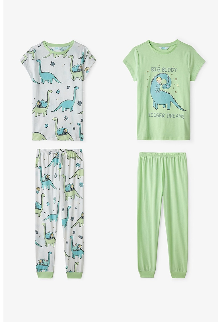 Set de pijamale lungi cu imprimeu cu dinozaur - 4 piese - Alb/Verde pastel