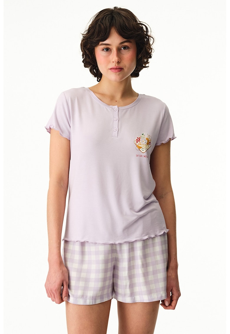 Pantaloni scurti de pijama cu model in carouri - Violet pastel