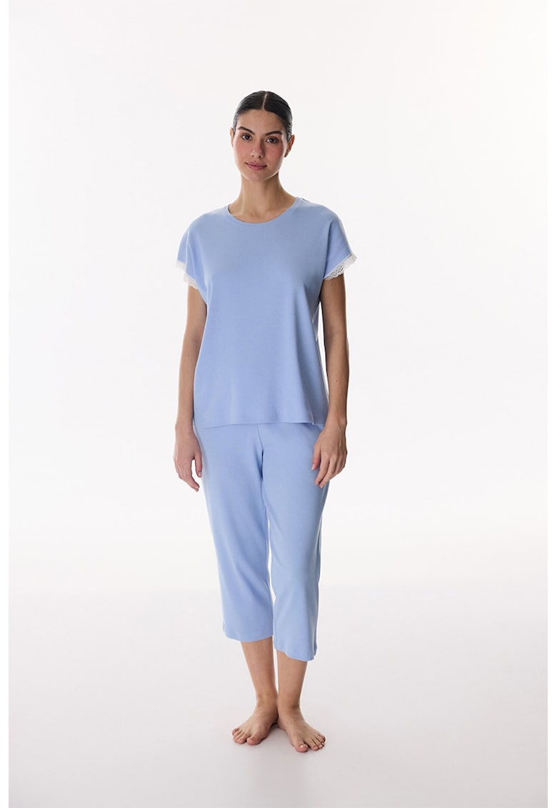 Pijama din amestec de bumbac cu model uni - Albastru azur