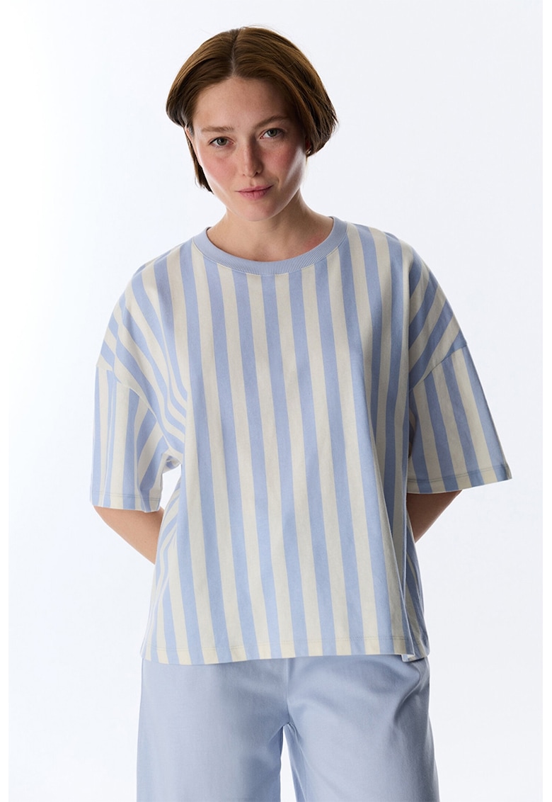 Bluza de pijama cu model in dungi - Alb fildes/Albastru azur