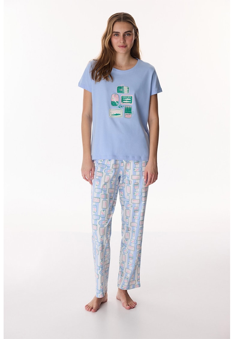 Pijama din bumbac cu model - Alb/Verde smarald/Albastru azur
