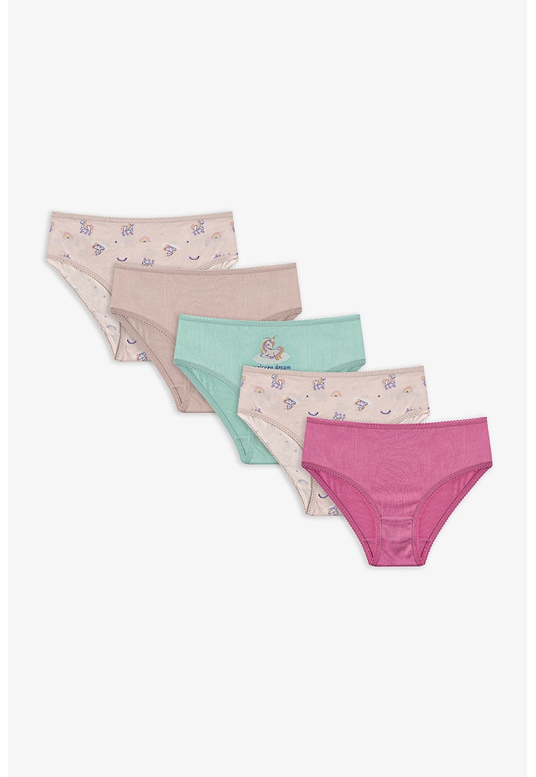 Set de chiloti cu model si uni - 5 perechi - Fucsia/Bej inchis/Verde menta