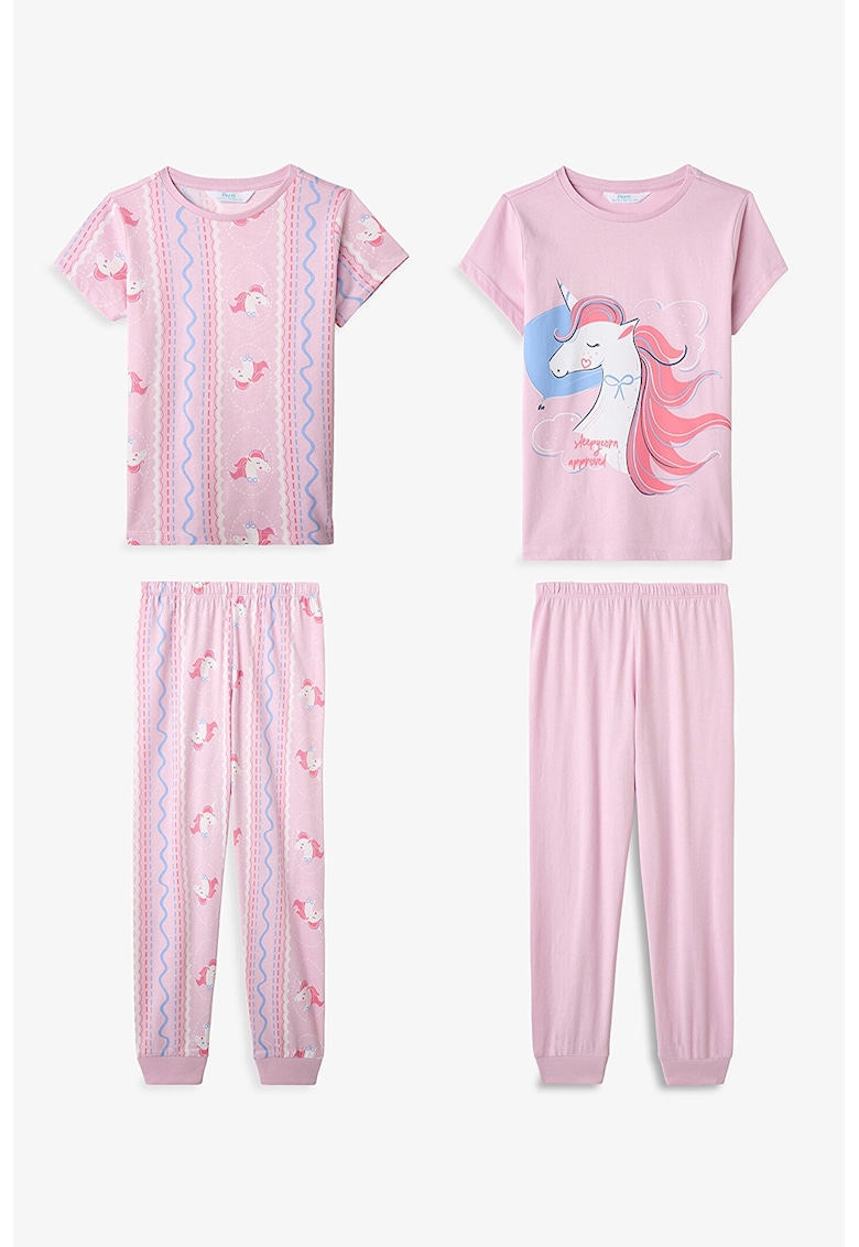 Set de pijamale lungi cu imprimeu cu unicorn - 4 piese - Albastru azur/Roz