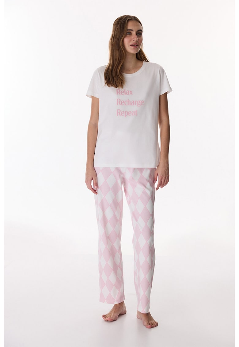 Pijama din amestec de bumbac cu model - Alb/Roz deschis