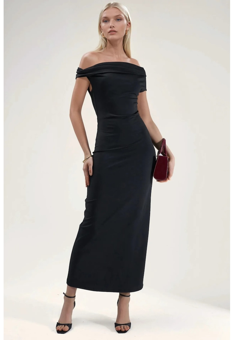 Rochie Maxi Bodycon - Guler Asimetric - Negru - Poliester-Elastan