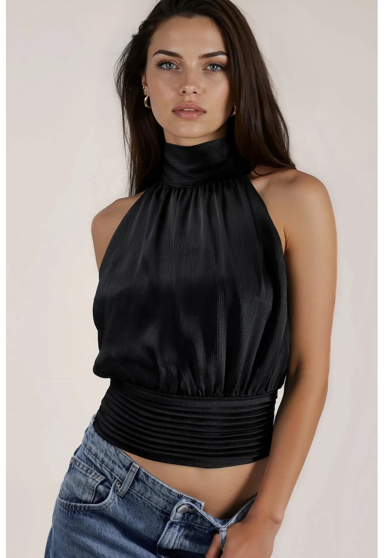 Top scurt guler halter - negru - satin