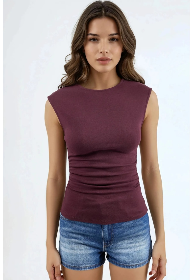 Maiou violet - textil - cu drapaj si guler rotund