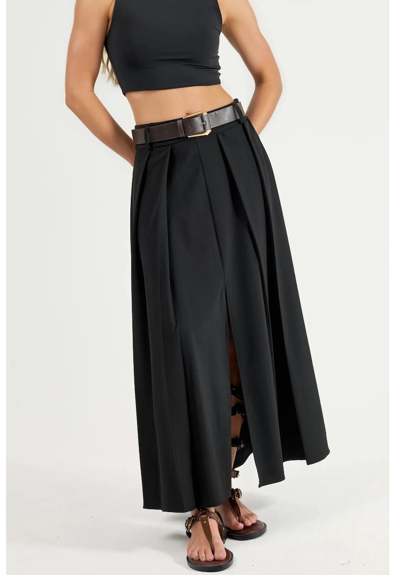 Fusta maxi plisata cu talie inalta si curea neagra - poliester - casual