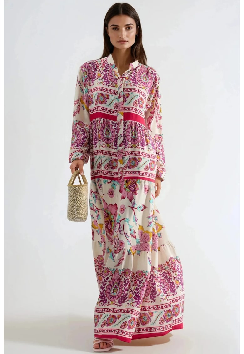 Rochie Maxi - decolteu in V - imprimeu - roz - pentru femei - viscoza