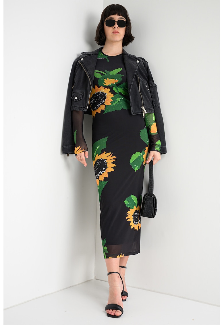 Rochie cambrata cu model floral si strat exterior de plasa - Verde/Negru/Galben