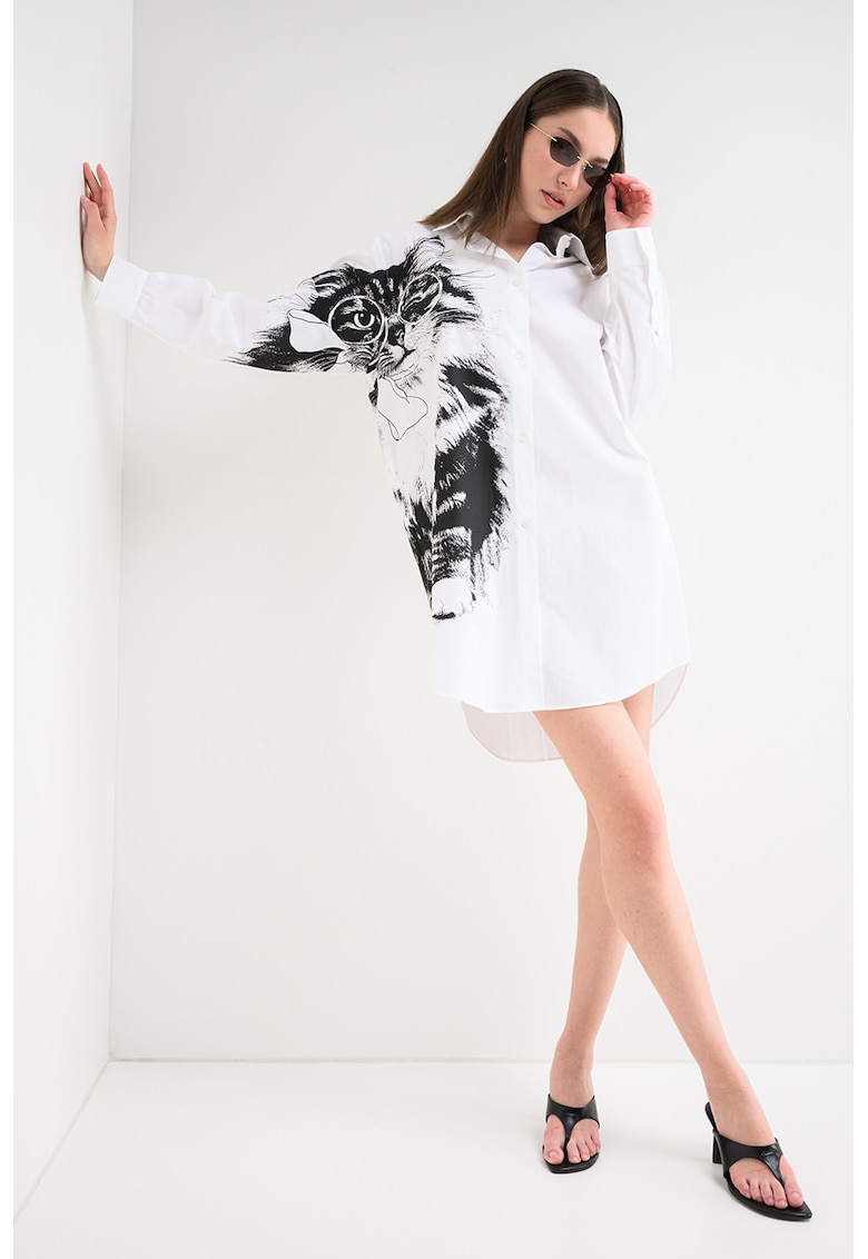 Rochie-camasa cu imprimeu cu pisica - Alb/Negru