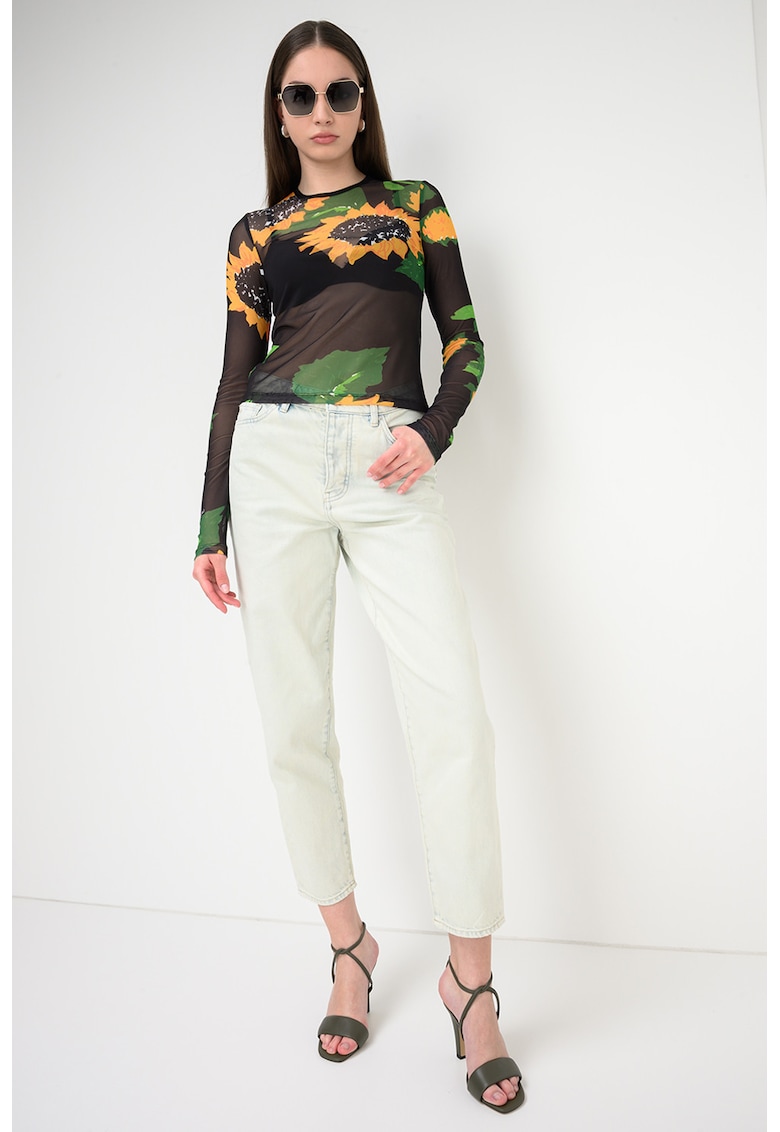 Bluza transparenta cu model floral - Verde/Negru/Galben