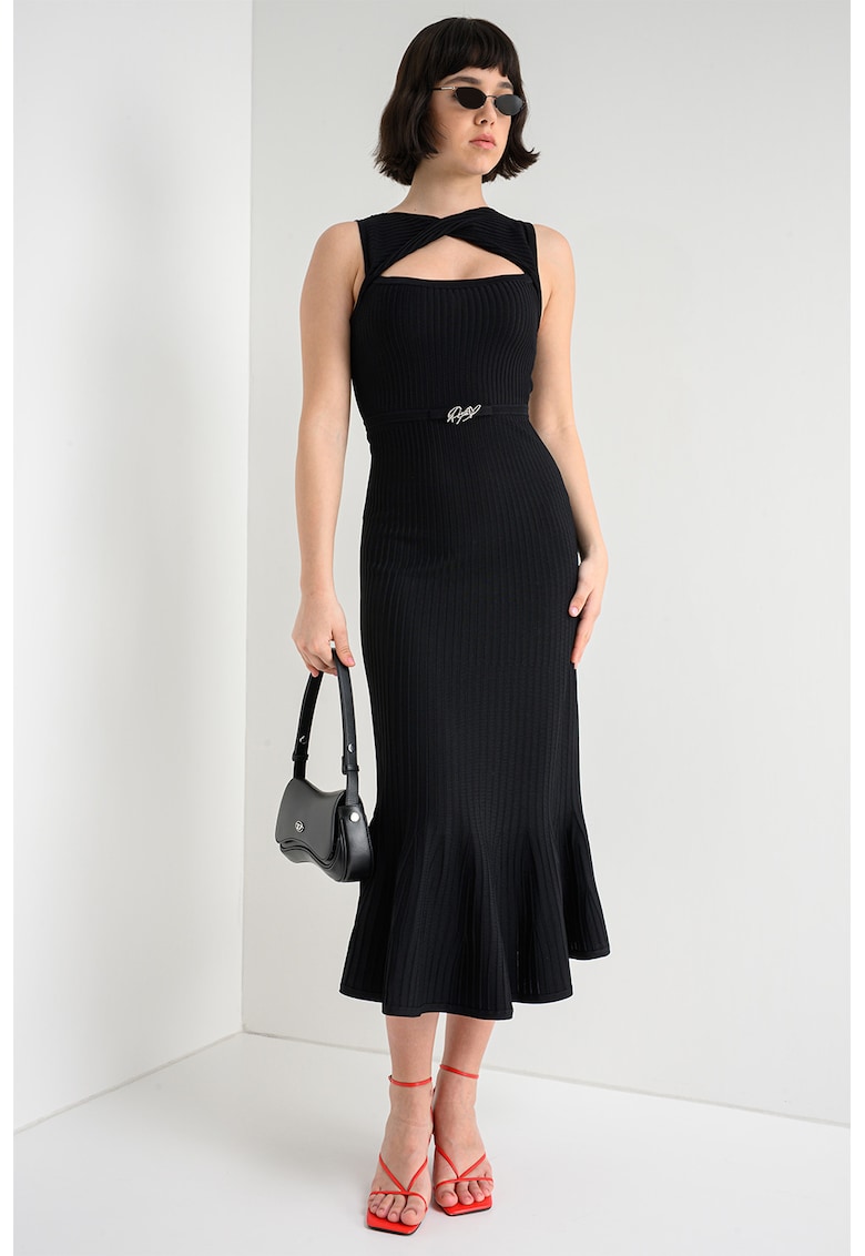 Rochie cu striati - terminatii cu volane si decupaj - Negru