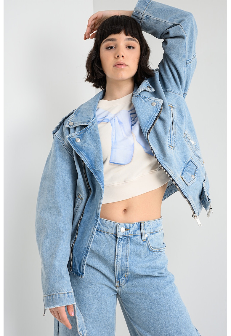 Jacheta lejera din denim cu fermoar - Albastru pastel
