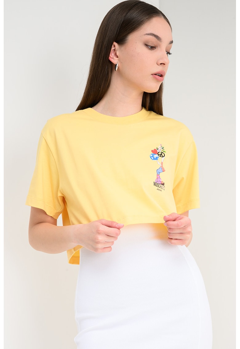 Tricou crop cu decolteu la baza gatului - Rosu/Galben vanilie/Albastru