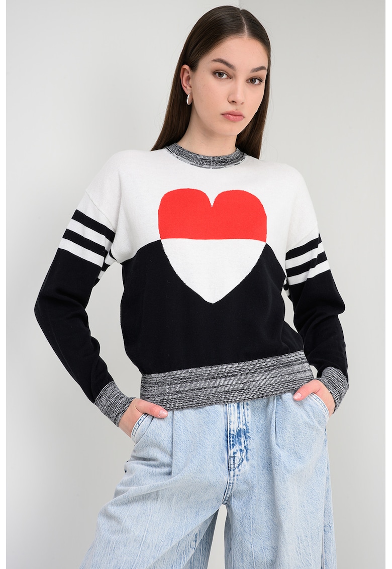 Pulover cu decolteu la baza gatului si model - Rosu/Alb/Negru
