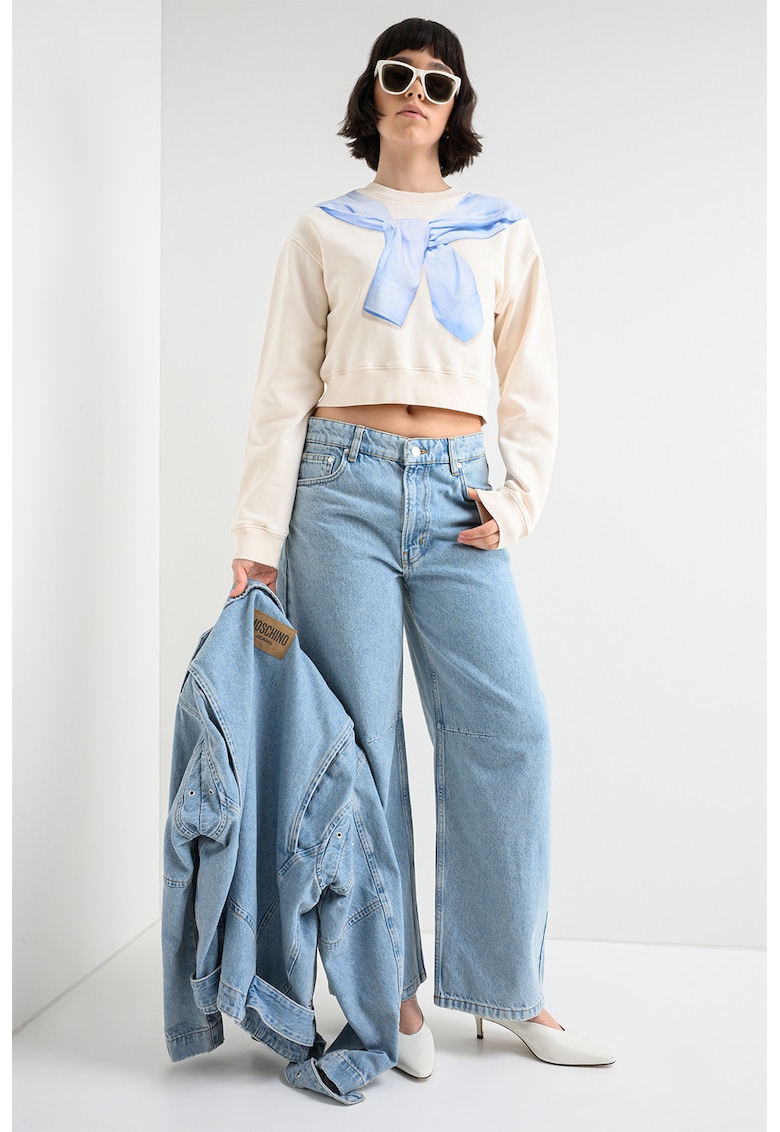 Bluza sport crop din bumbac - Alb fildes/Albastru