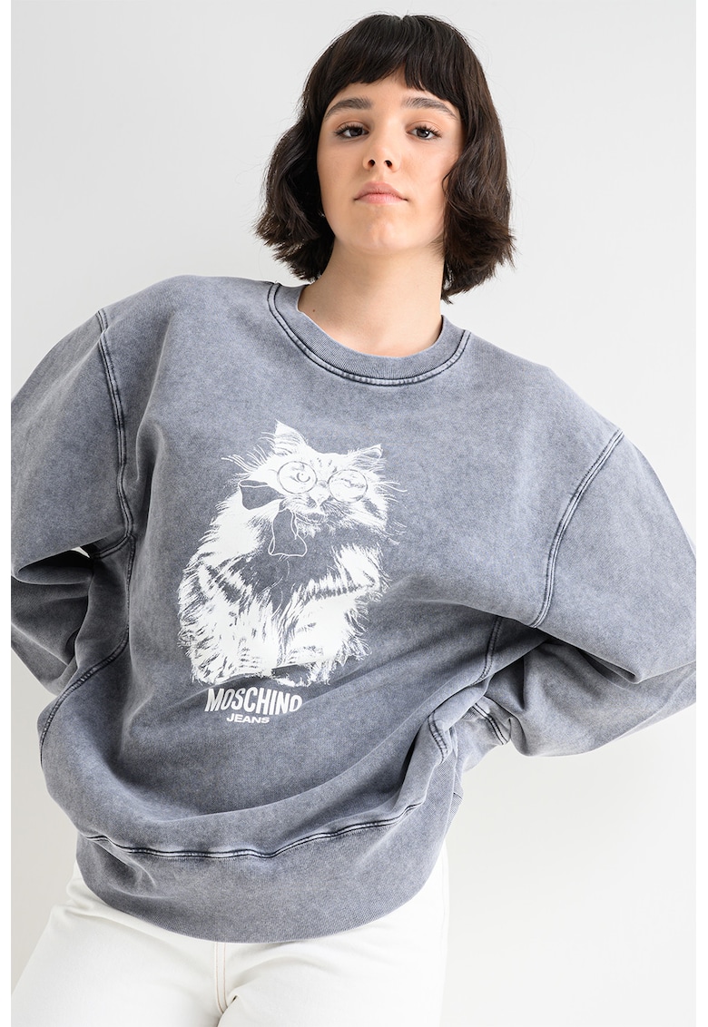 Bluza sport supradimensionata cu imprimeu grafic - Alb/Gri melange