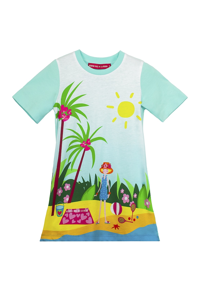 Rochie din bumbac cu croiala dreapta si imprimeu - Verde - Galben - Albastru aquamarin -