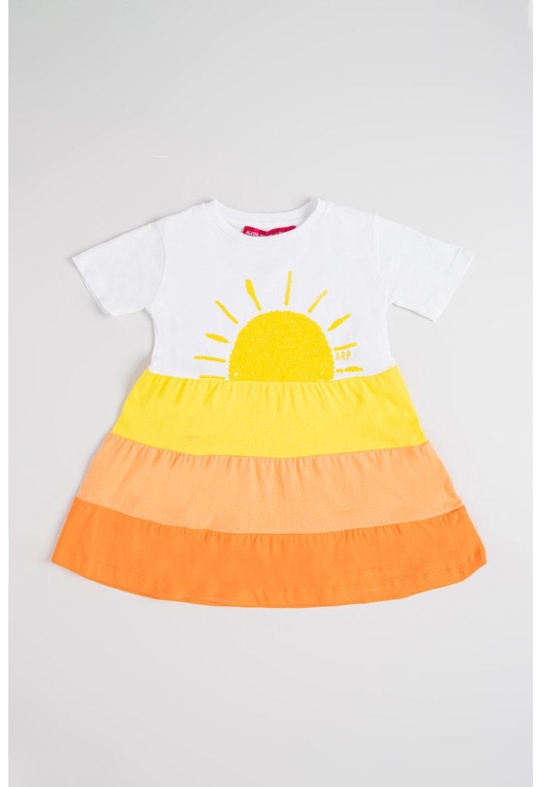 Rochie evazata de bumbac - Alb/Galben/Portocaliu