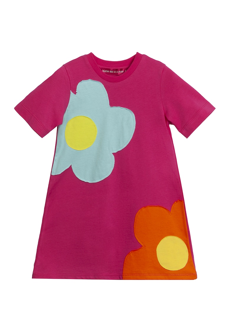 Rochie lejera din bumbac cu aplicatii cu model floral - Turcoaz - Roz zmeuriu - Portocaliu mandarina -