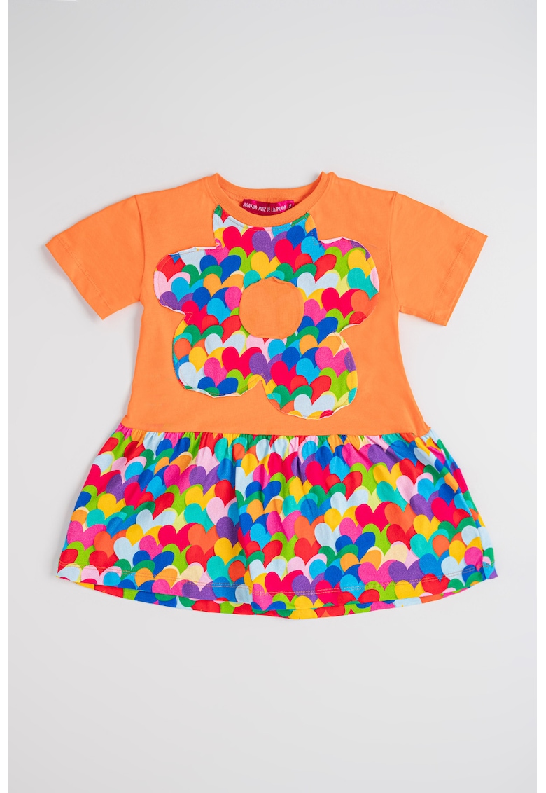 Rochie de bumbac cu maneci scurte - Verde/Portocaliu/Roz