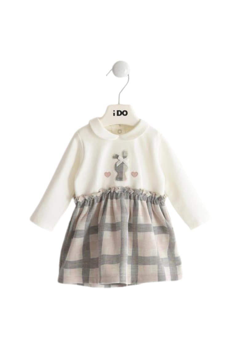 Rochie bebe fete iDO din bumbac elastic - cu fusta in carouri si imprimeu iepuras - Crem - Gri - Gri/Crem