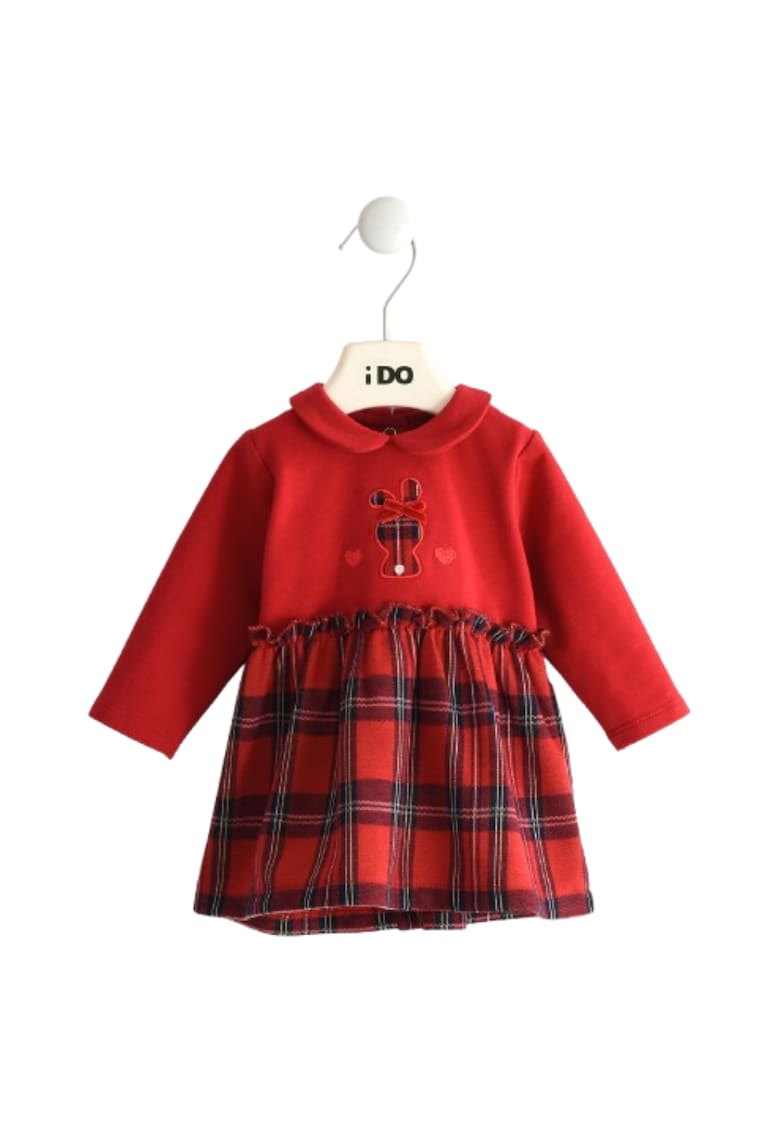 Rochie bebe fete iDO din bumbac elastic - cu fusta in carouri si imprimeu iepuras - Crem - Gri - Rosu