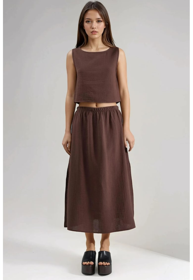 Compleu 2 piese Bluza Fusta - confortabil - maro - bumbac