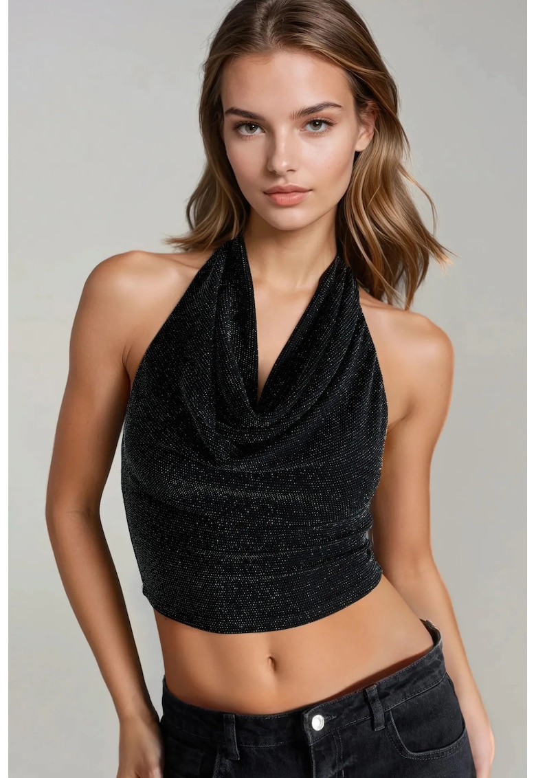 Top scurt cu paiete - guler tip halter - negru