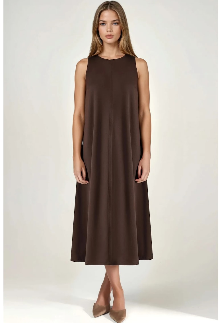 Rochie Midi - croiala lejera - guler rotund - maro - tricot